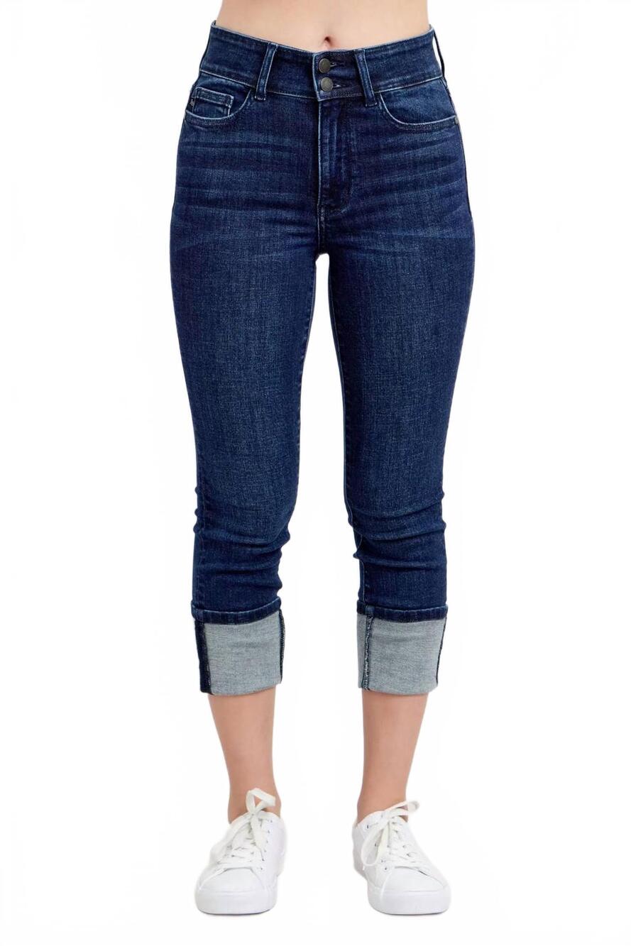 NEW JUDY BLUE women's ella double waist cuff capri jeans in dark blue